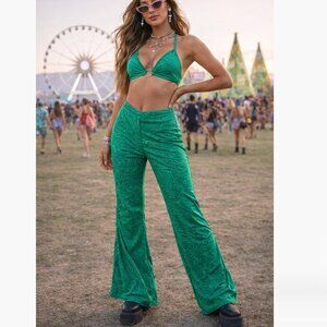Lucy in the Sky Vibrant Green Swirl Texture High Rise Long Flare Split Pants XS